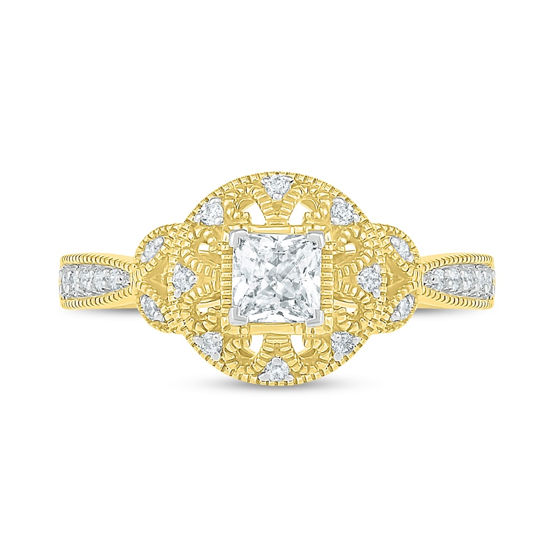 0.45 CT. T.W. Princess-Cut and Round Diamond Frame Vintage-Style Art Deco Engagement Ring in 10K Gold