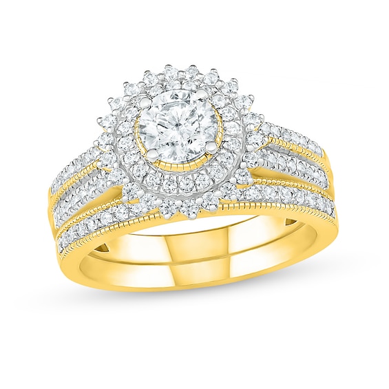 0.95 CT. T.W. Diamond Sunburst Frame Vintage-Style Bridal Set in 10K Gold