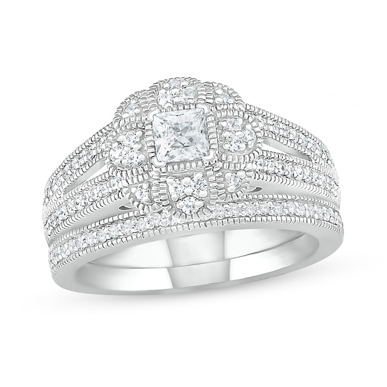 0.58 CT. T.W. Princess-Cut Diamond Frame Art Deco Vintage-Style Bridal Set in 10K White Gold