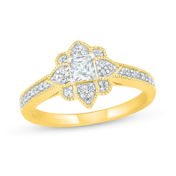 0.45 CT. T.W. Princess-Cut Diamond Flower Frame Vintage-Style Engagement Ring in 10K Gold