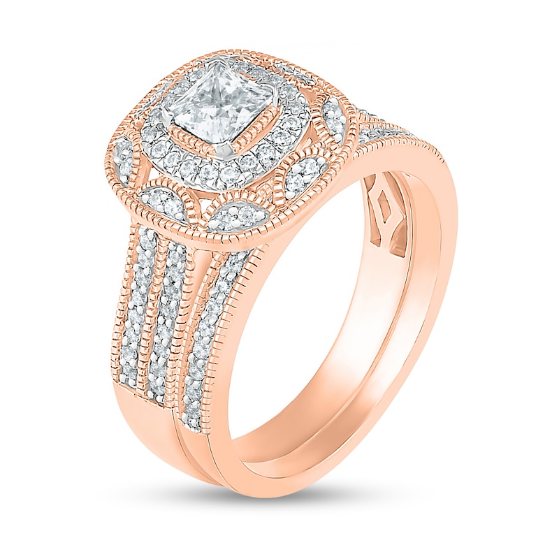0.69 CT. T.W. Princess-Cut Diamond Double Cushion Frame Vintage-Style Bridal Set in 10K Rose Gold|Peoples Jewellers