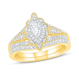 0.69 CT. T.W. Marquise Diamond Scallop Edge Frame Vintage-Style Bridal Set in 10K Gold