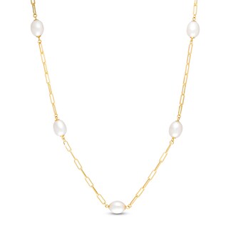 7.0-8.0mm Oval Freshwater Cultured Pearl Station Paper Clip Link Necklace in 14K Gold