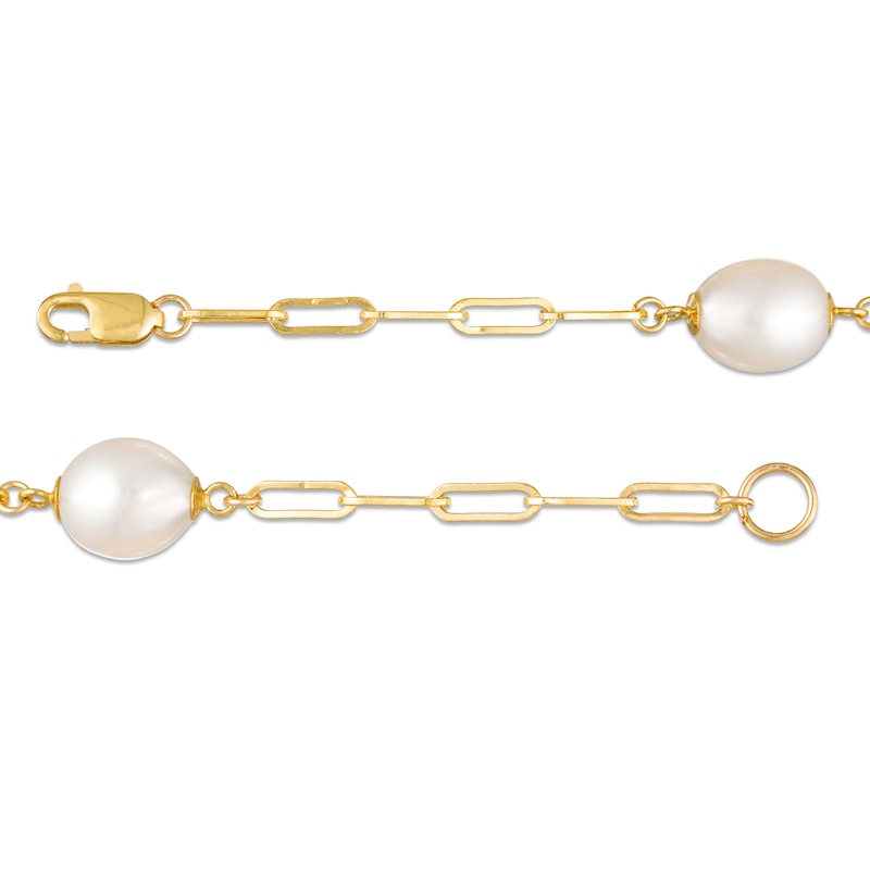 7.0-8.0mm Oval Freshwater Cultured Pearl Station Paper Clip Link Necklace in 14K Gold