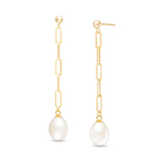 7.0-8.0mm Oval Freshwater Cultured Pearl Paper Clip Link Linear Drop Earrings in 14K Gold