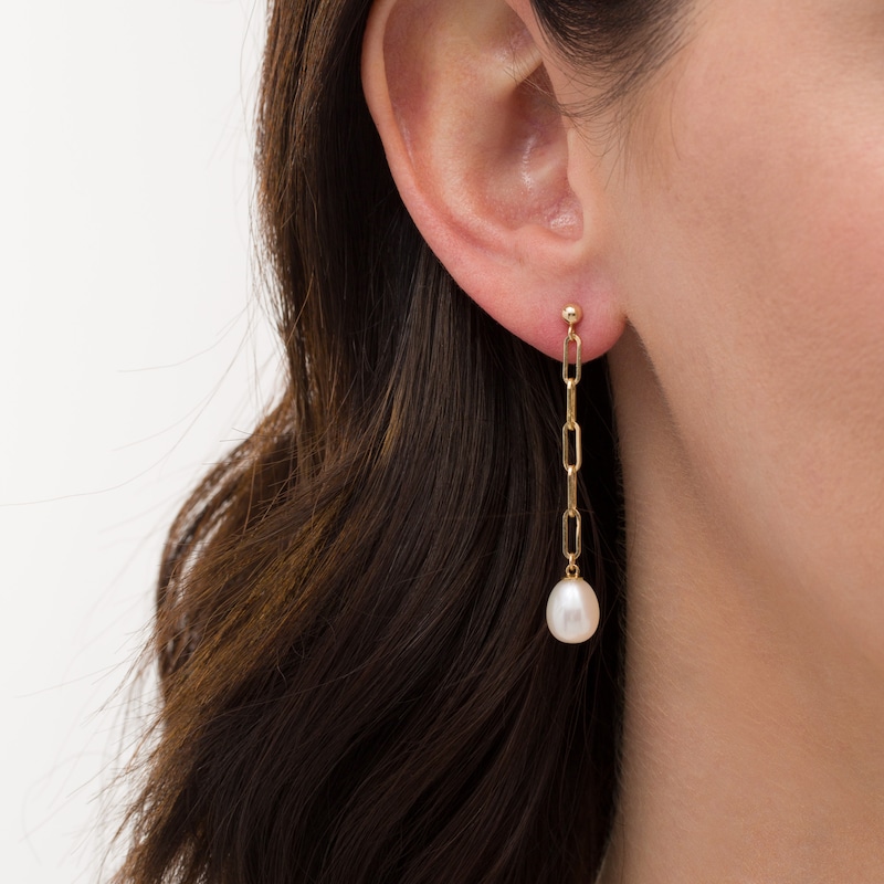 7.0-8.0mm Oval Freshwater Cultured Pearl Paper Clip Link Linear Drop Earrings in 14K Gold
