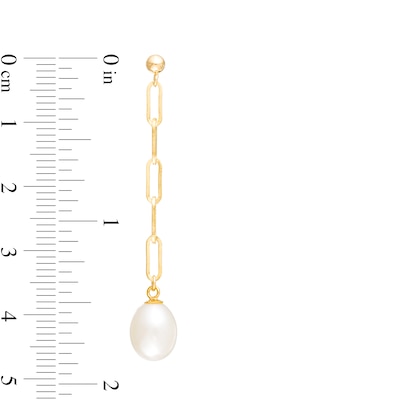 7.0-8.0mm Oval Freshwater Cultured Pearl Paper Clip Link Linear Drop Earrings in 14K Gold