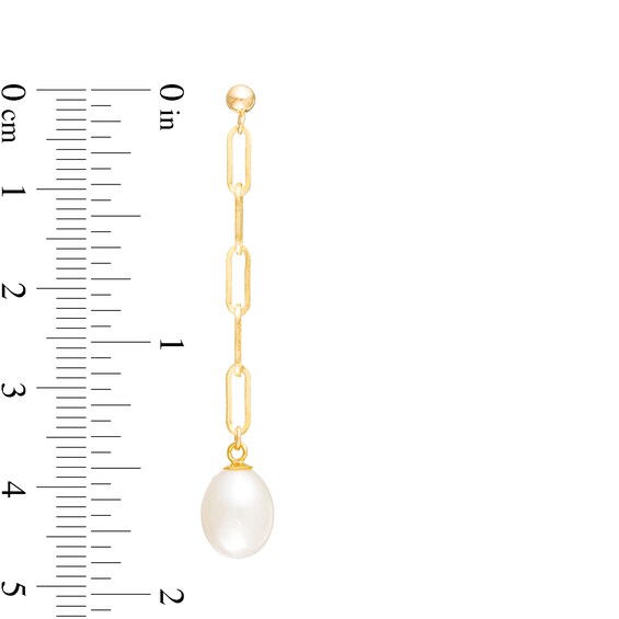 7.0-8.0mm Oval Freshwater Cultured Pearl Paper Clip Link Linear Drop Earrings in 14K Gold