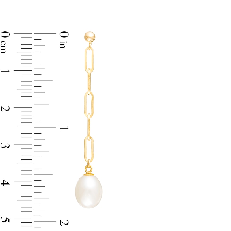 7.0-8.0mm Oval Freshwater Cultured Pearl Paper Clip Link Linear Drop Earrings in 14K Gold|Peoples Jewellers