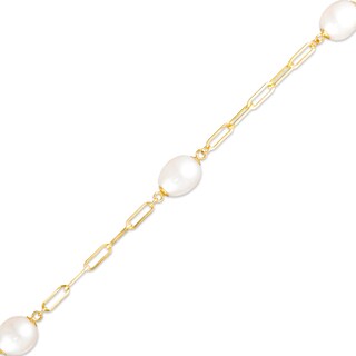 7.0-8.0mm Oval Freshwater Cultured Pearl Station Paper Clip Link Bracelet in 14K Gold-7.25"