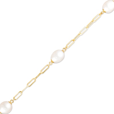 7.0-8.0mm Oval Freshwater Cultured Pearl Station Paper Clip Link Bracelet in 14K Gold-7.25"