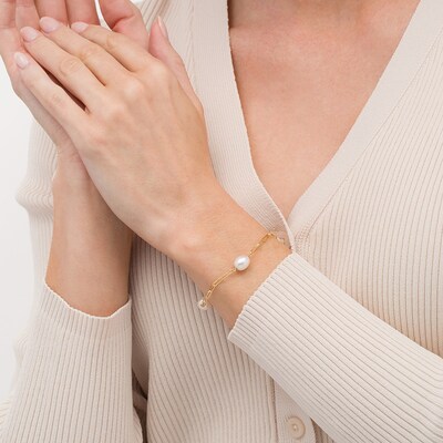 7.0-8.0mm Oval Freshwater Cultured Pearl Station Paper Clip Link Bracelet in 14K Gold-7.25"