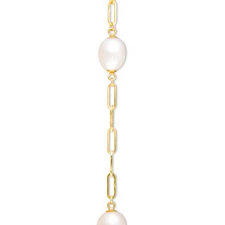 7.0-8.0mm Oval Freshwater Cultured Pearl Station Paper Clip Link Bracelet in 14K Gold-7.25"