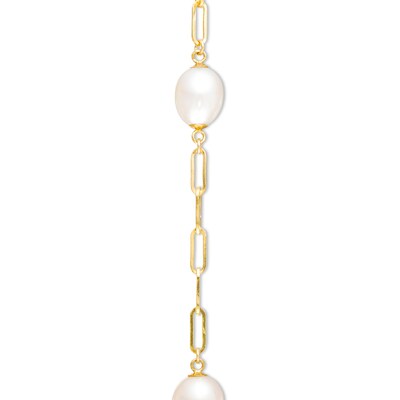 7.0-8.0mm Oval Freshwater Cultured Pearl Station Paper Clip Link Bracelet in 14K Gold-7.25"