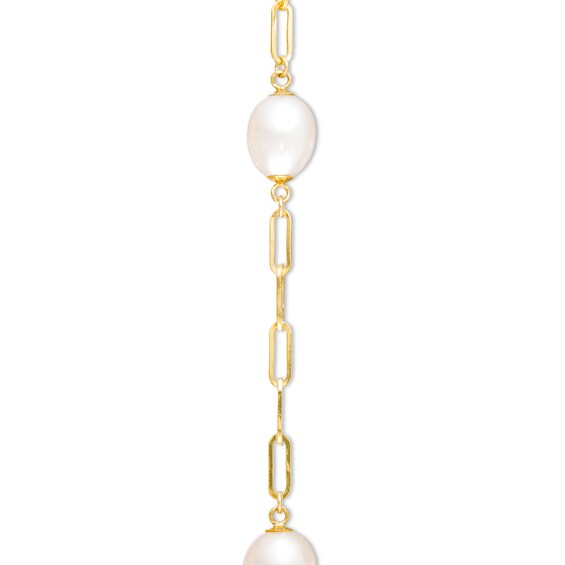 7.0-8.0mm Oval Freshwater Cultured Pearl Station Paper Clip Link Bracelet in 14K Gold-7.25"