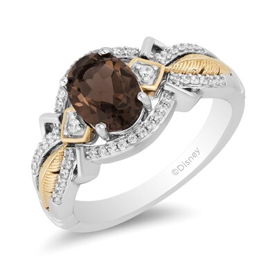 Enchanted Disney Pocahontas Oval Smoky Quartz and 0.145 CT. T.W. Diamond Feather Ring in Sterling Silver and 10K Gold