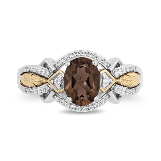 Enchanted Disney Pocahontas Oval Smoky Quartz and 0.145 CT. T.W. Diamond Feather Ring in Sterling Silver and 10K Gold