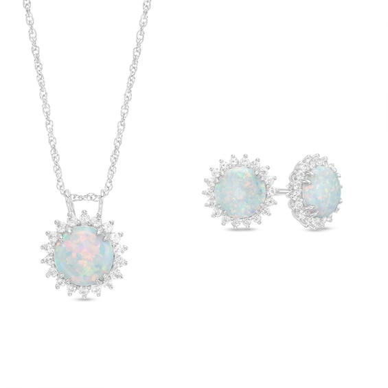 8.0mm Lab-Created Opal and White Sapphire Frame Sunburst Pendant and Stud Earrings Set in Sterling Silver