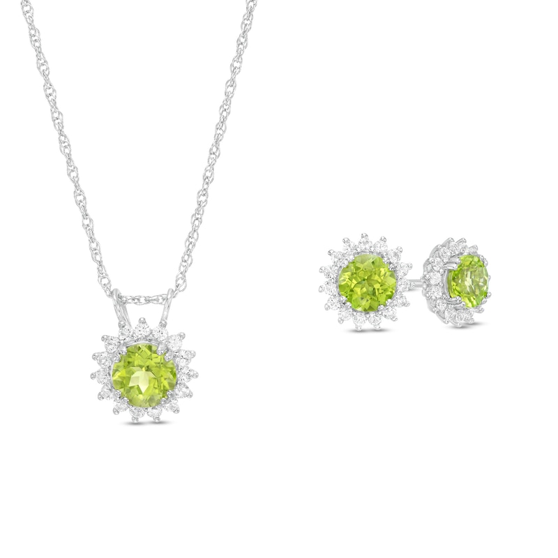 6.0mm Peridot and White Lab-Created Sapphire Frame Sunburst Pendant and Stud Earrings Set in Sterling Silver