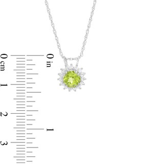 6.0mm Peridot and White Lab-Created Sapphire Frame Sunburst Pendant and Stud Earrings Set in Sterling Silver