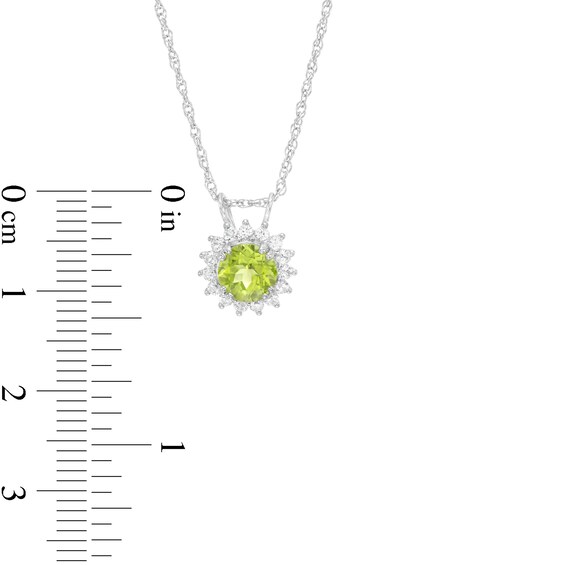 6.0mm Peridot and White Lab-Created Sapphire Frame Sunburst Pendant and Stud Earrings Set in Sterling Silver