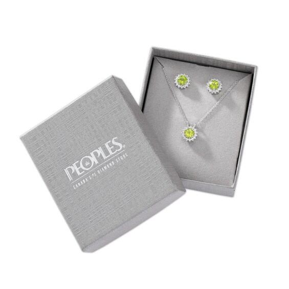 6.0mm Peridot and White Lab-Created Sapphire Frame Sunburst Pendant and Stud Earrings Set in Sterling Silver