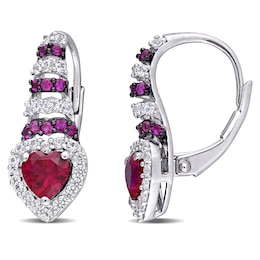5.0mm Heart-Shaped Lab-Created Ruby and White Sapphire Ripple Drop Earrings in Sterling Silver