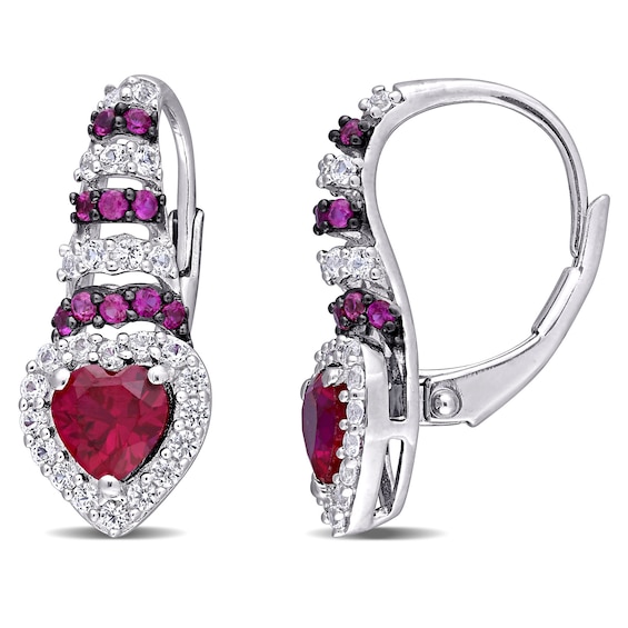 5.0mm Heart-Shaped Lab-Created Ruby and White Sapphire Ripple Drop Earrings in Sterling Silver