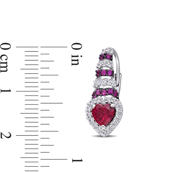 5.0mm Heart-Shaped Lab-Created Ruby and White Sapphire Ripple Drop Earrings in Sterling Silver