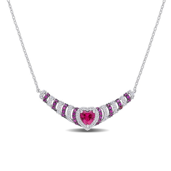 6.0mm Heart-Shaped Lab-Created Ruby and White Sapphire Ripple Necklace in Sterling Silver - 17"