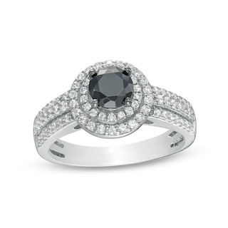 0.95 CT. T.W. Black Enhanced and White Diamond Double Frame Multi-Row Engagement Ring in 10K White Gold