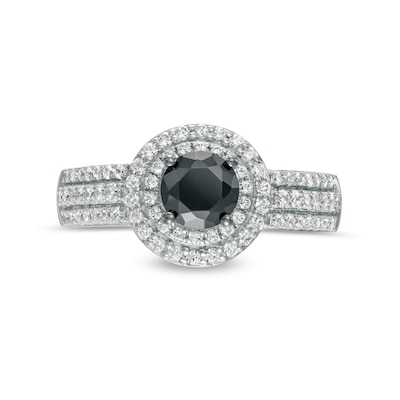 0.95 CT. T.W. Black Enhanced and White Diamond Double Frame Multi-Row Engagement Ring in 10K White Gold