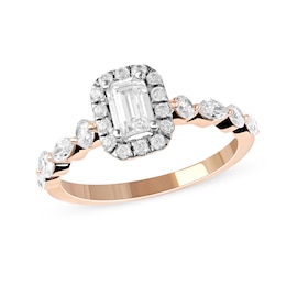 1.00 CT. T.W. Emerald-Cut Diamond Frame Multi-Shape Alternating Shank Engagement Ring in 10K Rose Gold
