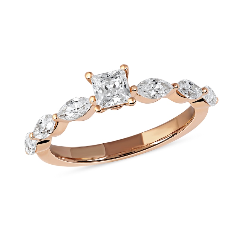 Main Image 1 of 1.60 CT. T.W. Princess-Cut and Marquise Diamond Engagement Ring in 14K Rose Gold