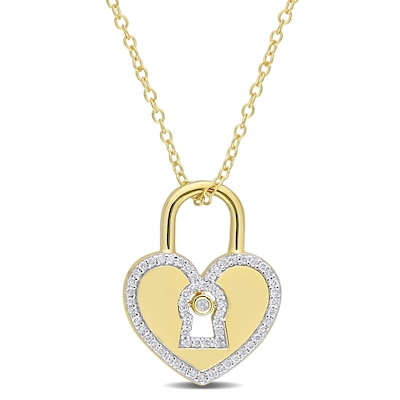 0.18 CT. T.W. Diamond Heart-Shaped Lock Pendant in Sterling Silver with Yellow Rhodium Plate