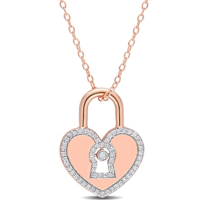 0.18 CT. T.W. Diamond Heart-Shaped Lock Pendant in Sterling Silver with Rose Rhodium Plate