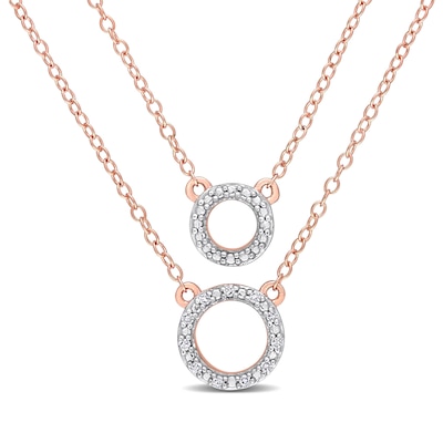 0.04 CT. T.W. Diamond Double Strand Layered Circle Necklace in Sterling Silver with Rose Rhodium Plate - 19"