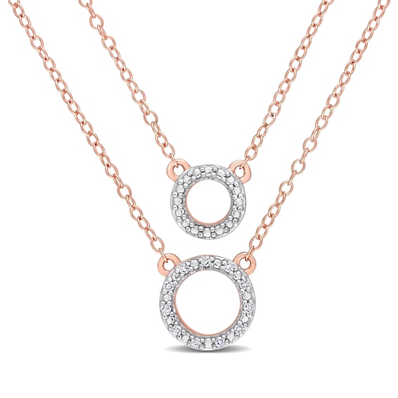 0.04 CT. T.W. Diamond Double Strand Layered Circle Necklace in Sterling Silver with Rose Rhodium Plate - 19"