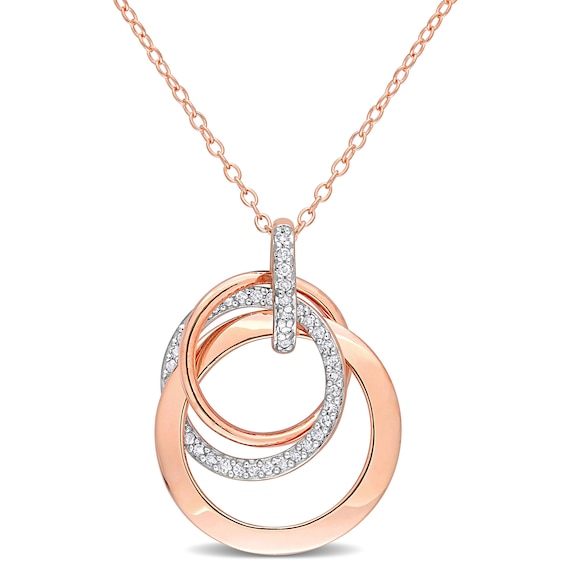 0.21 CT. T.W. Diamond Interlocking Circles Trio Pendant in Sterling Silver with Rose Rhodium Plate