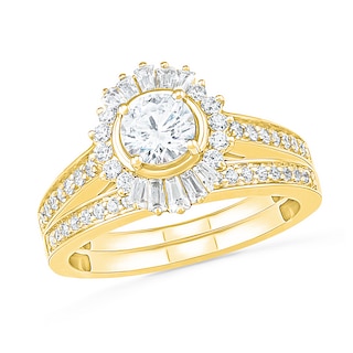 0.95 CT. T.W. Baguette and Round Diamond Sunburst Frame Bridal Set in 10K Gold