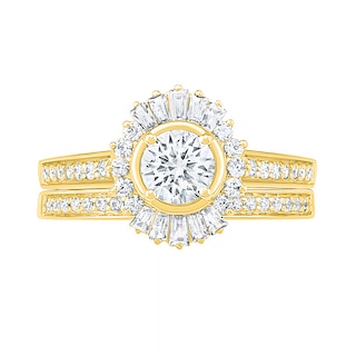 0.95 CT. T.W. Baguette and Round Diamond Sunburst Frame Bridal Set in 10K Gold