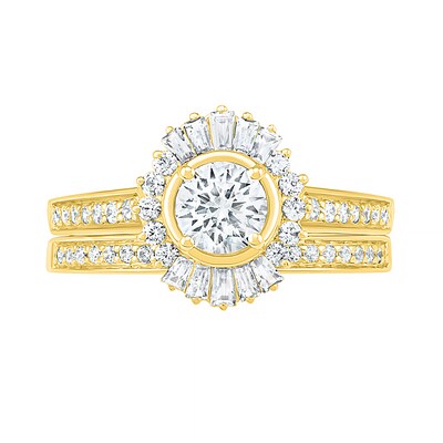 0.95 CT. T.W. Baguette and Round Diamond Sunburst Frame Bridal Set in 10K Gold