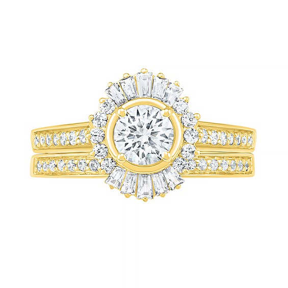 0.95 CT. T.W. Baguette and Round Diamond Sunburst Frame Bridal Set in 10K Gold