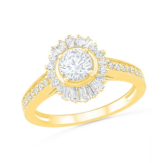 0.95 CT. T.W. Baguette and Round Diamond Sunburst Frame Bridal Set in 10K Gold