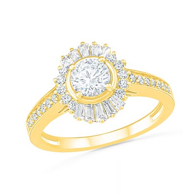 0.95 CT. T.W. Baguette and Round Diamond Sunburst Frame Bridal Set in 10K Gold