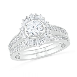 0.95 CT. T.W. Baguette and Round Diamond Sunburst Frame Bridal Set in 10K White Gold