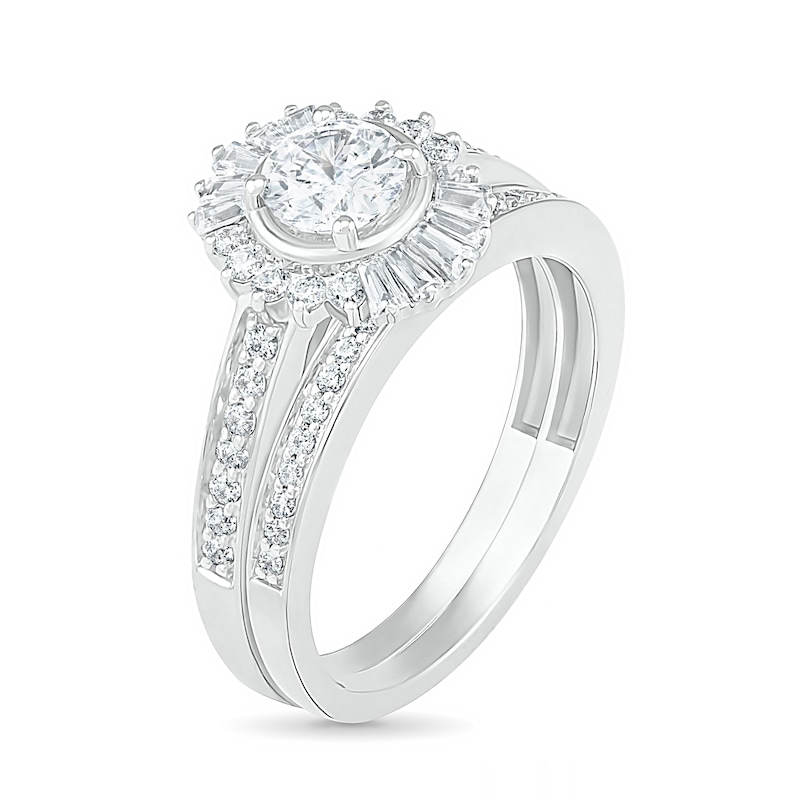 Main Image 3 of 0.95 CT. T.W. Baguette and Round Diamond Sunburst Frame Bridal Set in 10K White Gold