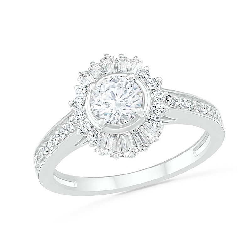 Main Image 4 of 0.95 CT. T.W. Baguette and Round Diamond Sunburst Frame Bridal Set in 10K White Gold