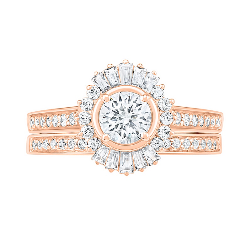 0.95 CT. T.W. Baguette and Round Diamond Sunburst Frame Bridal Set in 10K Rose Gold