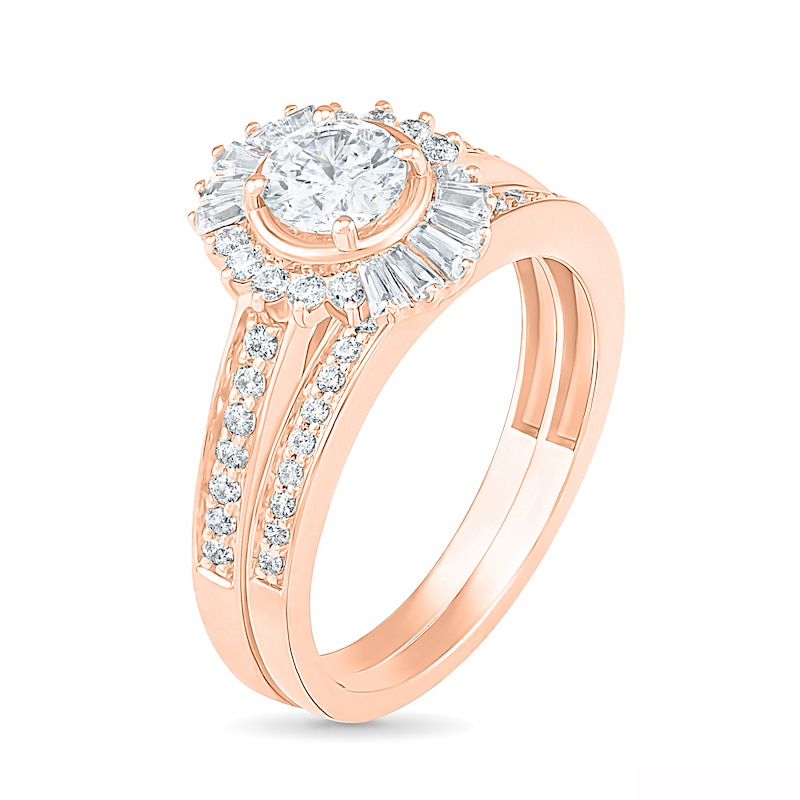 0.95 CT. T.W. Baguette and Round Diamond Sunburst Frame Bridal Set in 10K Rose Gold